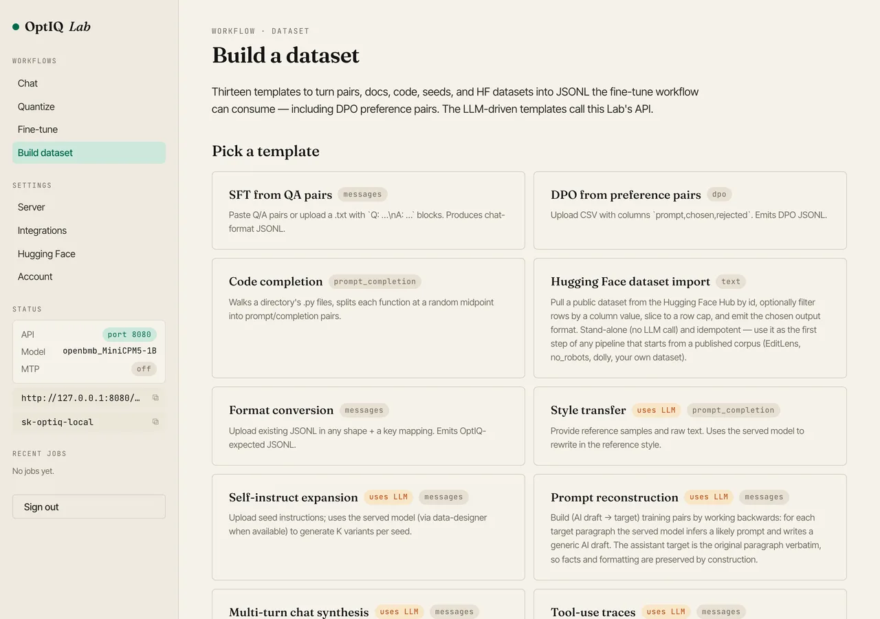 OptIQ Lab Build dataset page. Thirteen templates including SFT from QA pairs, DPO from preference pairs, Hugging Face dataset import, Style transfer, Self-instruct expansion, Prompt reconstruction, Multi-turn chat synthesis, Tool-use traces.