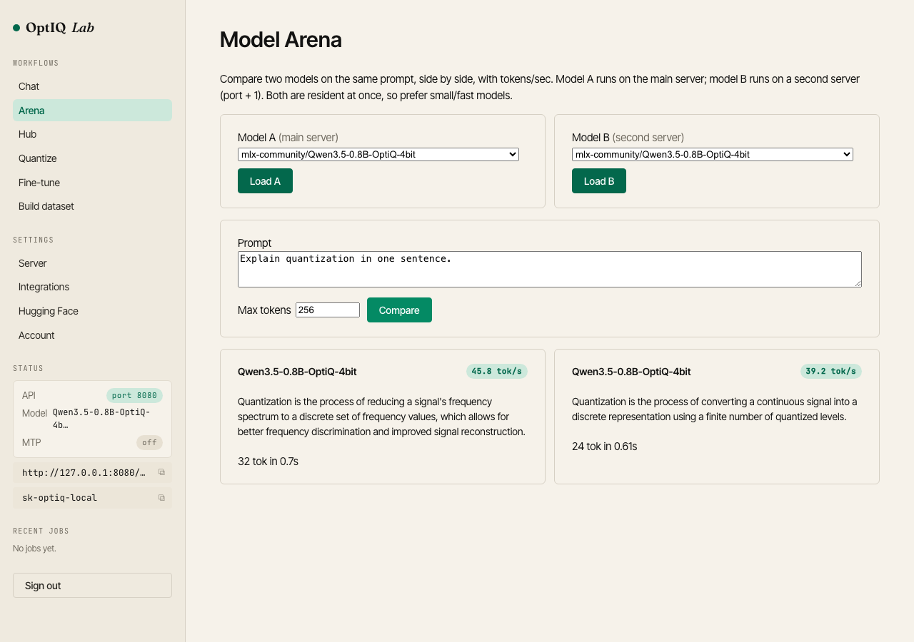Model Arena: two models compared side by side